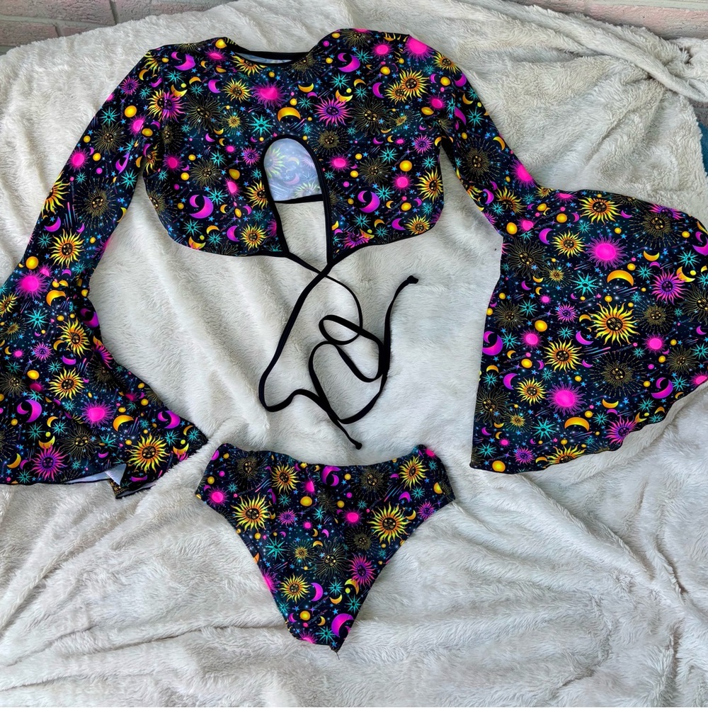Celestial Print Two-Piece Set with Bell Sleeves